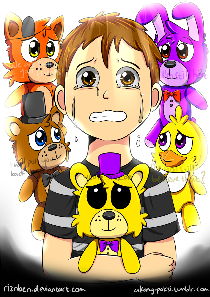 avian bear bird bonnie_(fnaf) canine chica_(fnaf) chicken child crying five_nights_at_freddy's five_nights_at_freddy's_4 fox foxy_(fnaf) fredbear_(fnaf) freddy_(fnaf) group hi_res human lagomorph male mammal plushie rabbit riznben_(artist) tears video_games young