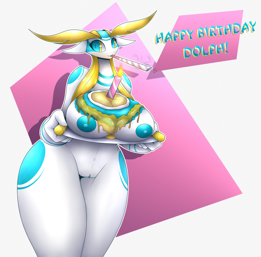aijou areola averyshadydolphin big_breasts birthday blonde_hair blue_areola blue_markings blue_nipples breasts cake digital_media_(artwork) dragon english_text erect_nipples eyebrows eyelashes female food hair hi_res huge_breasts markings nipples r-mk solo text thick_thighs voluptuous white_skin wide_hips yellow_eyes
