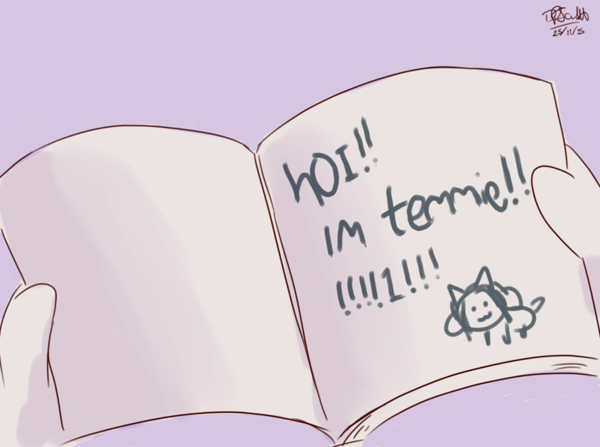 2015 book digital_media_(artwork) disembodied_hand drawing female monster reading solo tem temmie_(undertale) thesis undertale unknown_artist video_games