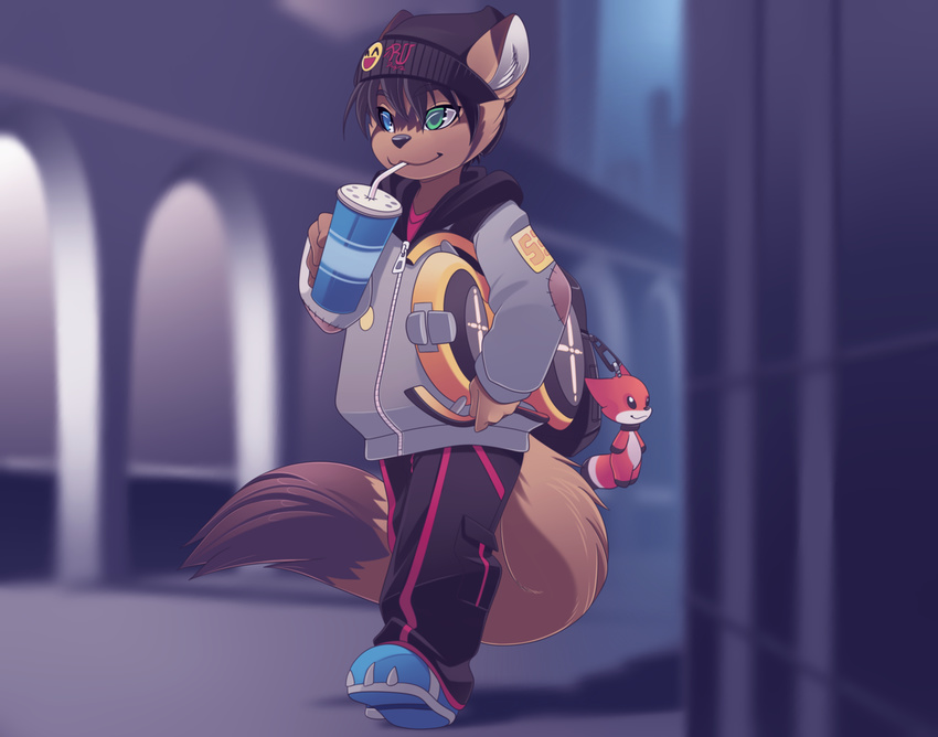 ambiguous_gender anthro beverage black_nose cheek_tuft clothed clothing food footwear fur hair hat heterochromia inner_ear_fluff mammal multicolored_eyes phation raccoon rudragon shoes smile tuft