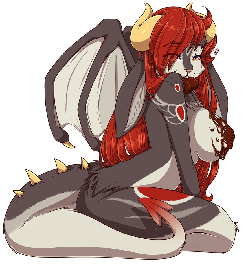 anthro big_breasts breasts candy cheshirecatsmile37 chocolate dragon elisandra_zayats_(feyphoenix) female food fur furred_dragon gore hair hair_over_eyes hi_res horn hybrid lagomorph long_hair mammal membranous_wings messy rabbit red_hair solo spade_tail wings