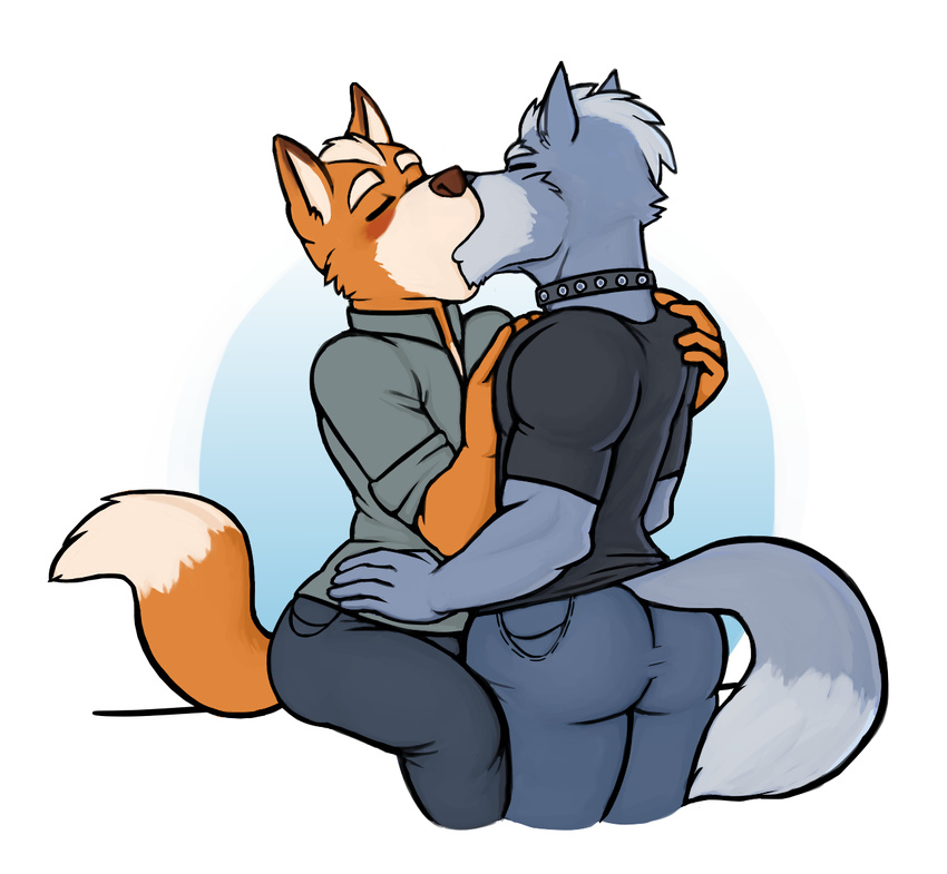big_butt blush butt canine clothed clothing collar duo eyes_closed fox fox_mccloud hand_on_chest hi_res hicanyoumooforme kissing making_out male male/male mammal nintendo star_fox tight_pants video_games wide_hips wolf wolf_o'donnell