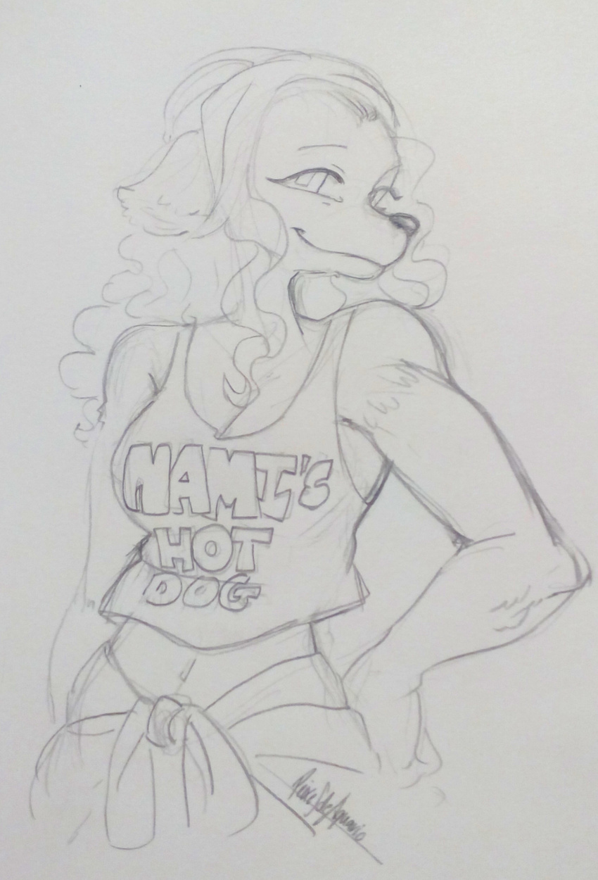 canine clothing dog female hi_res looking_at_viewer mammal minkmen_(one_piece) monochrome one_piece shirt sketch solo sweater tank_top text wanda_(one_piece)