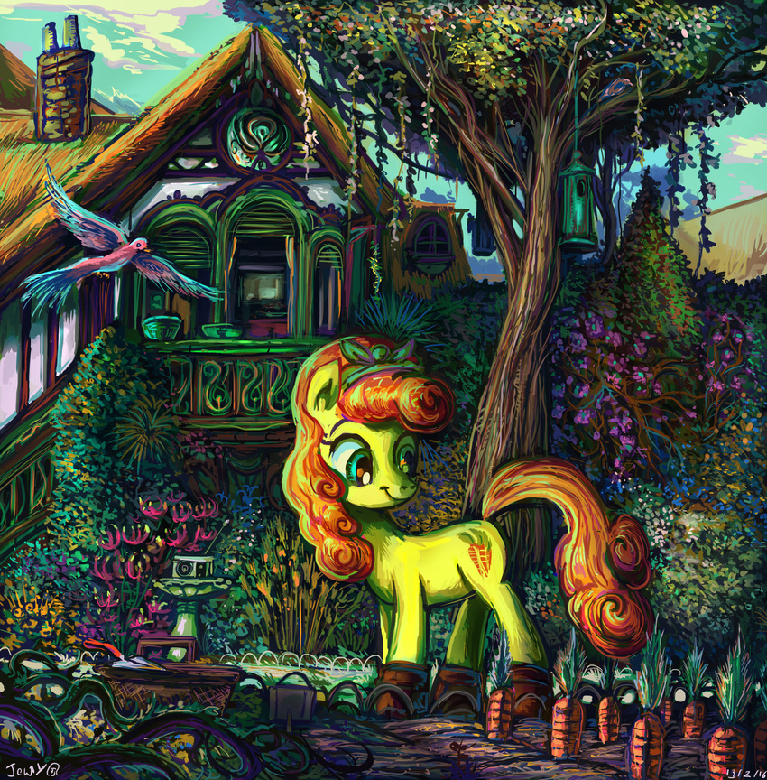 2016 absurd_res avian basket bird birdhouse carrot carrot_top_(mlp) chimney cloud cutie_mark earth_pony equine female feral flower food friendship_is_magic fur garden green_eyes hair hi_res horse house jowybean mammal my_little_pony nature orange_hair outside plant pony sky smile solo tree vegetable window yellow_fur