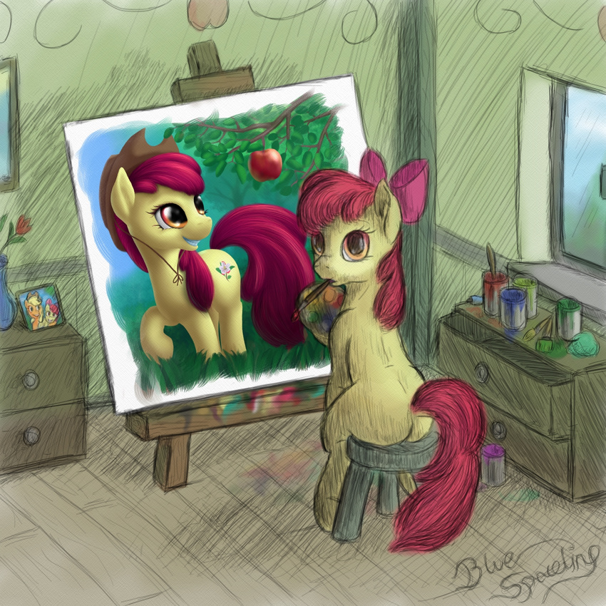 2014 amber_eyes apple apple_bloom_(mlp) bluespaceling brush cutie_mark earth_pony equine female feral flower food friendship_is_magic fruit fur furniture grass hair hair_bow hair_ribbon hi_res horse inside looking_at_viewer mammal my_little_pony paint painting plant pony portrait red_hair ribbons sitting smile solo stool tree vase window yellow_fur