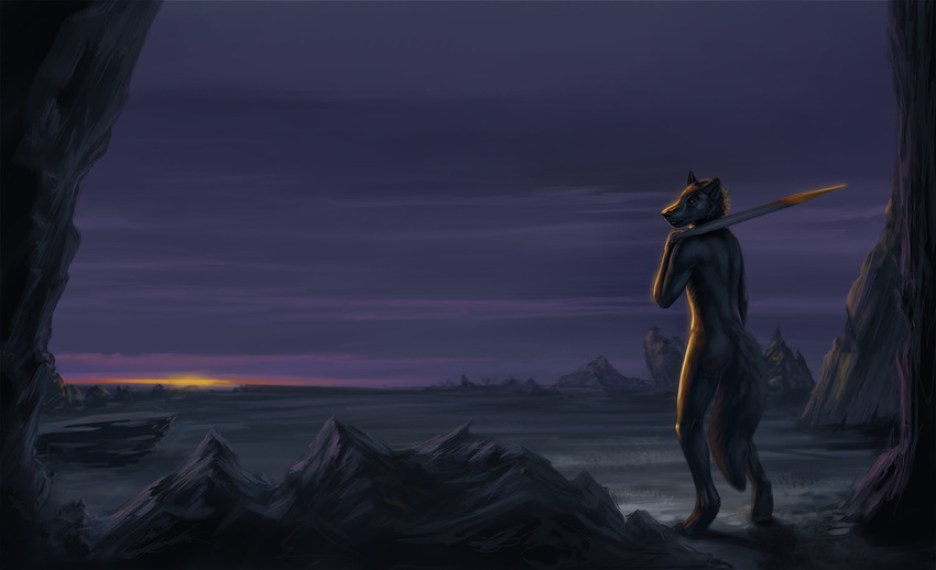 ambiguous_gender anthro black_fur black_hair black_nose butt canine cloud fur hair latex_(artist) looking_back male mammal melee_weapon nude outside shiny sky solo standing sword teeth wasteland weapon wolf
