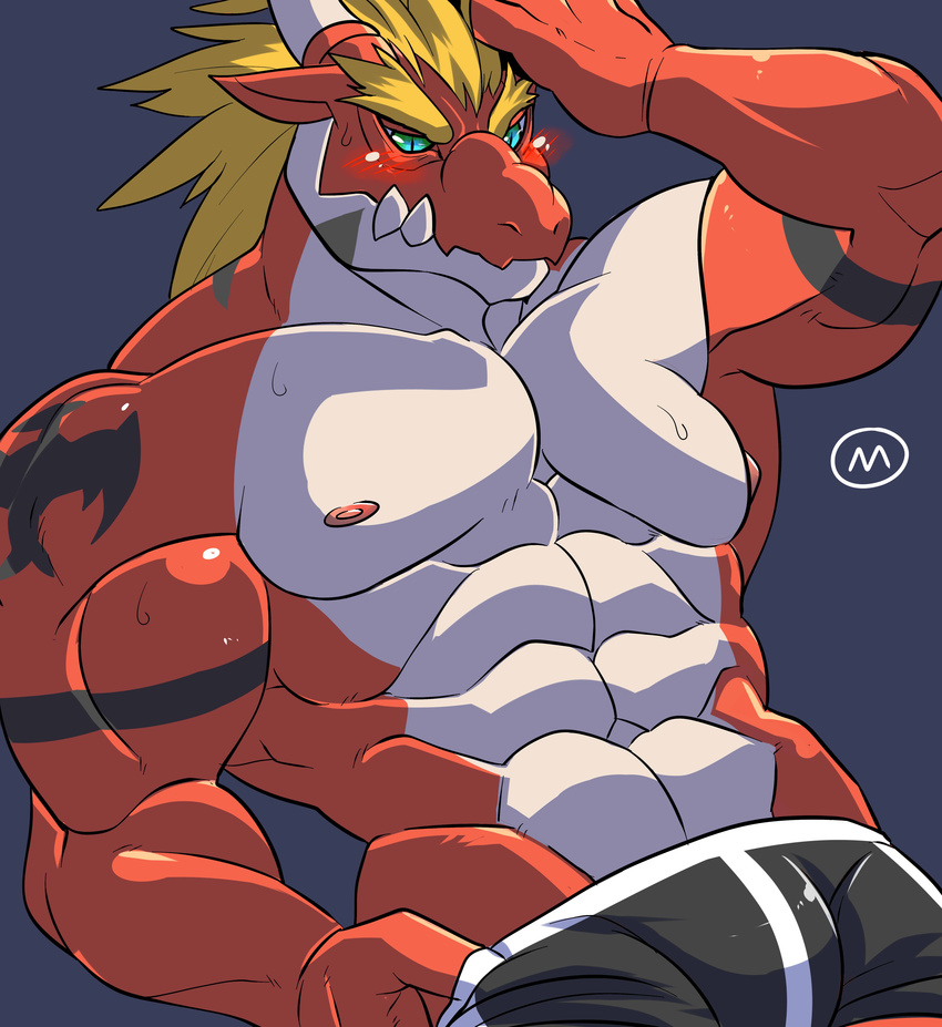 abs absurd_res anthro biceps big_muscles blonde_hair blue_background blue_eyes blush boxers_(clothing) clothed clothing colored delga dragon fangs grey_scales hair hand_on_head hi_res male mayar muscular muscular_male nipples pecs red_scales reptile scales scalie sharp_teeth simple_background solo standing sweat teeth topless underwear watermark white_scales