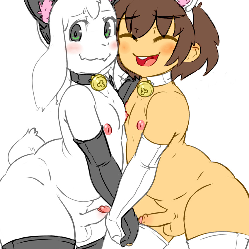 asriel_dreemurr balls bell bell_collar blush boss_monster caprine clothing collar duo elbow_gloves erection fake_cat_ears fake_ears gloves goat hand_holding human humanoid_penis legwear long_ears male male/male mammal mostly_nude penis protagonist_(undertale) railroad_mejic thigh_highs uncut undertale video_games