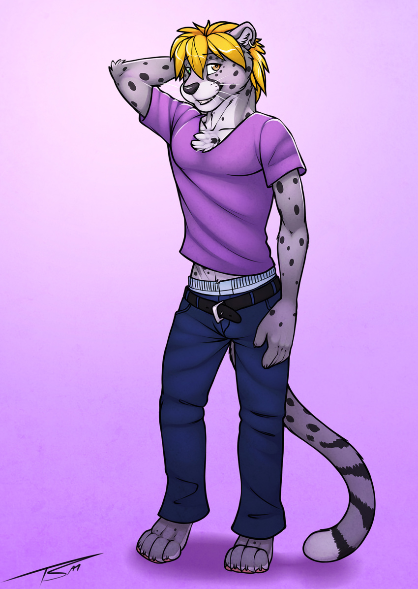 anthro cheetah clothed clothing feline fur hair hi_res hima_chita jeans male mammal pants piercing solo standing tsaiwolf twink unbuckled underwear