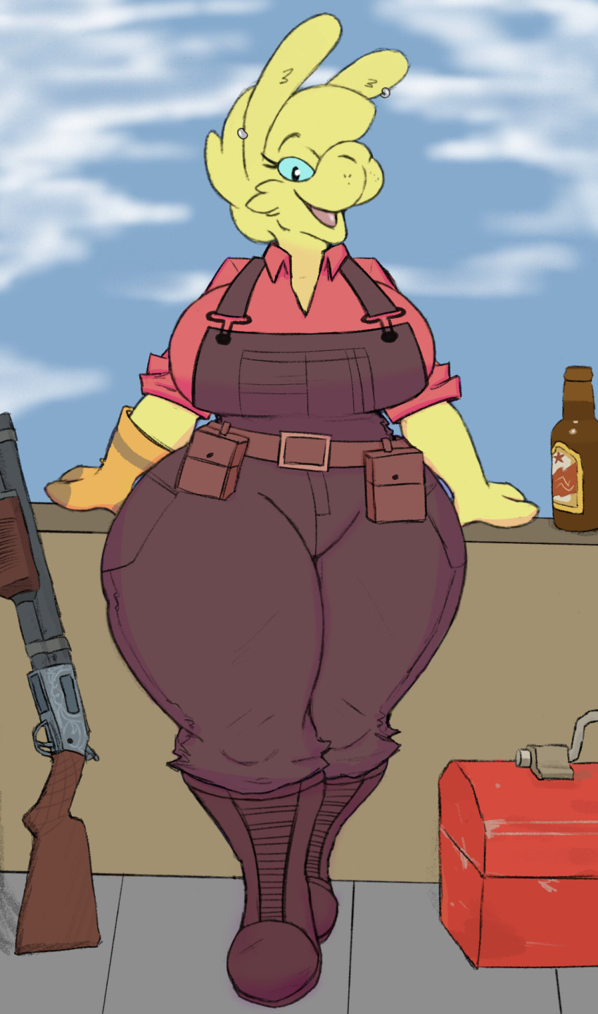 alcohol anthro beer beverage big_breasts blue_eyes boots breasts camelid clothing delfucko ear_piercing ear_ring engineer_(team_fortress_2) female footwear fur gloves goatonomous handwear hi_res huge_thighs leaning_on_wall llama looking_at_viewer mammal overalls piercing shoes smile smiling_at_viewer solo team_fortress_2 thick_thighs valve video_games weapon yellow_body yellow_fur