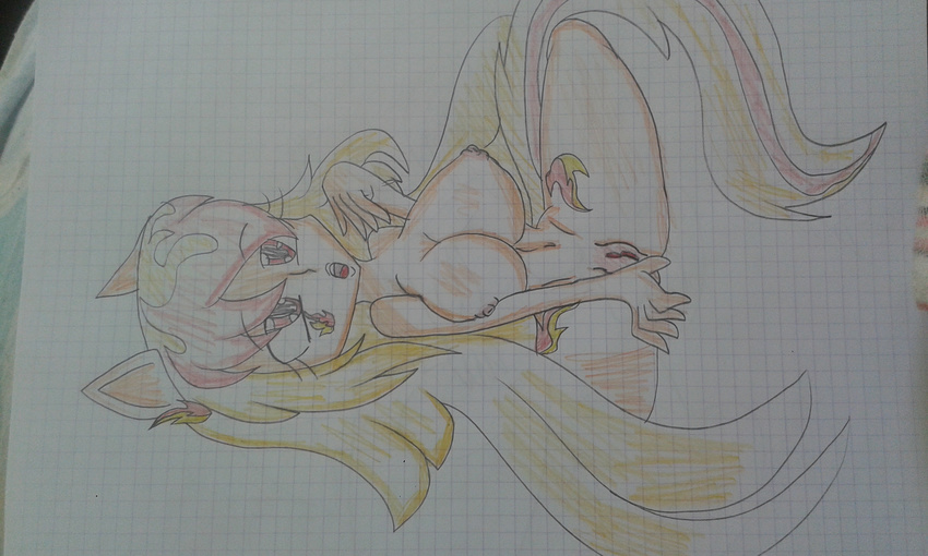 anthro big_breasts breasts colored_pencil_(artwork) facial_markings fan_character graph_paper hi_res kamiya-rainbow markings my_little_pony nipples nude open_mouth pussy sideways solo tattoo traditional_media_(artwork)