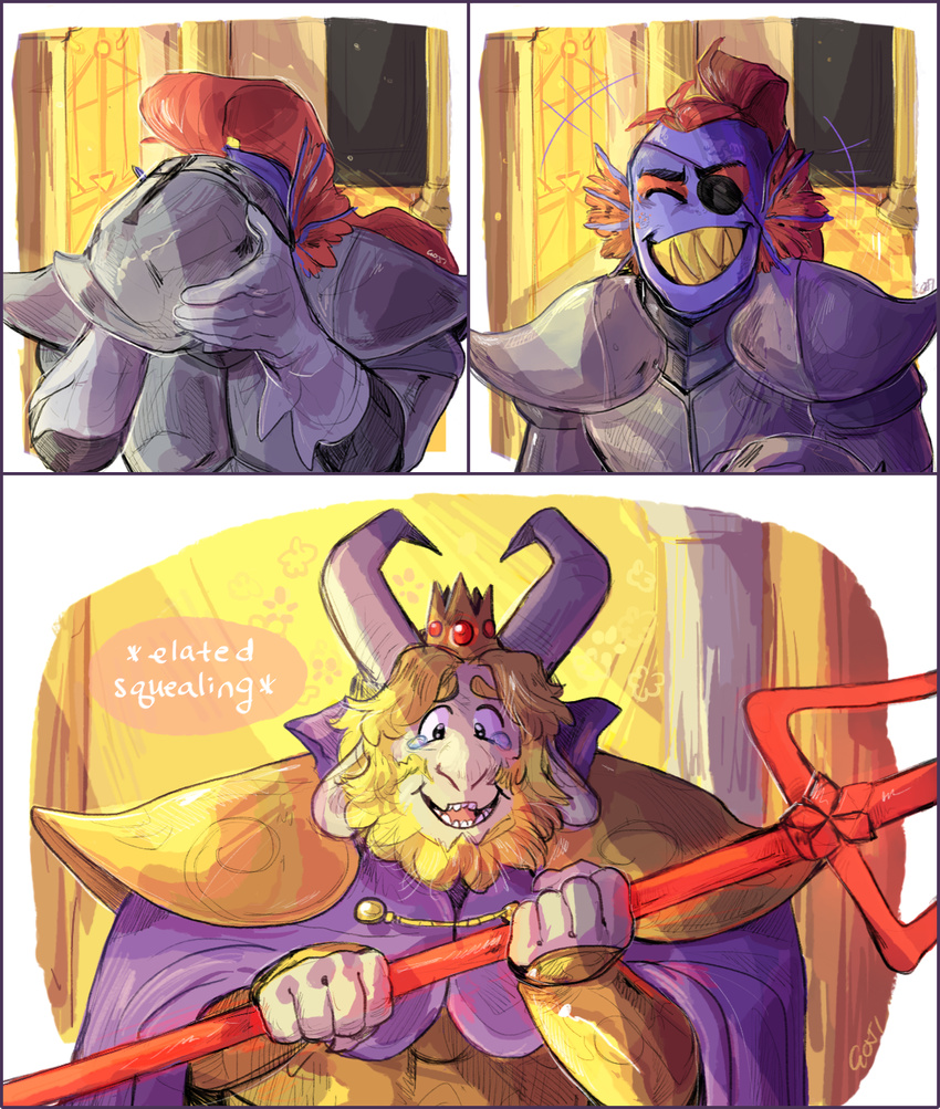 armor asgore_dreemurr beard blonde_hair blue_scales boss_monster caprine comic crown digital_media_(artwork) duo ear_fins english_text eye_patch eyewear facial_hair fin fish goat grin hair happy hi_res horn knight long_ears mammal marine melee_weapon polearm red_hair scales tears text thatonegojimun undertale undyne video_games weapon