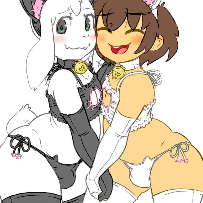 asriel_dreemurr bell bell_collar blush boss_monster bulge caprine cat_lingerie clothed clothing collar crossdressing duo elbow_gloves fake_cat_ears fake_ears girly gloves goat hand_holding human legwear long_ears male male/male mammal protagonist_(undertale) railroad_mejic thigh_highs undertale video_games