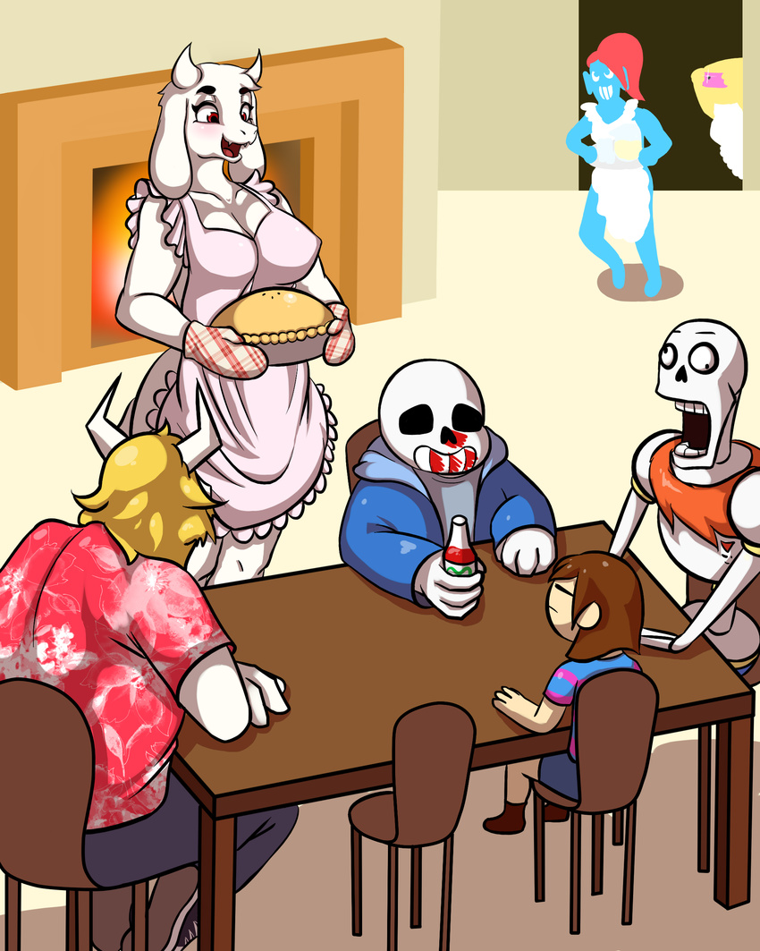 absurd_res alphys animated_skeleton anthro apron asgore_dreemurr big_breasts blood bone boss_monster breasts brown_hair camera caprine child clothing derp_eyes female fish food goat group hair hi_res human ketchup male mammal marine monster naked_apron nosebleed papyrus_(undertale) pie pink_hair protagonist_(undertale) sans_(undertale) scalie skeleton toriel undead undertale undyne video_games wasajoke young