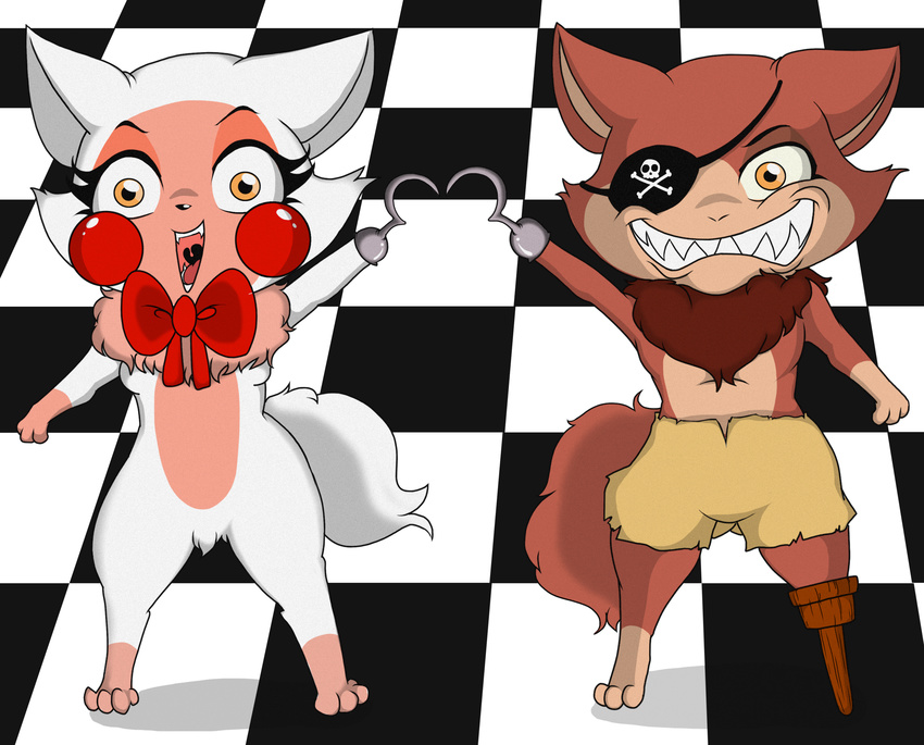 absurd_res animatronic blpanda bow broken canine checkered_background cute duo female five_nights_at_freddy's five_nights_at_freddy's_2 fox foxy_(fnaf) funtime_foxy_(fnaf) hi_res hook machine mammal necktie parody pattern_background robot simple_background telemonster video_games world