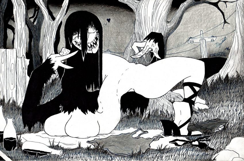 &lt;3 black_and_white bottle breasts cleavage clothed clothing condom eye_roll female flexible hair high_heels long_hair long_neck mandibles monochrome monster not_furry nude outside panties pants parasitedeath pussy pussy_juice rock sharp_teeth shirt solo teeth tree underwear