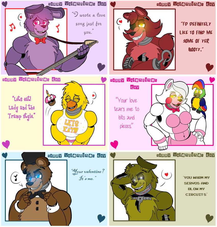 2016 animatronic anthro avian beak bear bird black_nose bonnie_(fnaf) bow_tie breasts canine chica_(fnaf) chicken clothing cupcake_(fnaf) digital_media_(artwork) english_text feathers felinesyndr0me female five_nights_at_freddy's five_nights_at_freddy's_2 five_nights_at_freddy's_3 fox foxy_(fnaf) freddy_(fnaf) fur glowing glowing_eyes group hair hi_res holidays lagomorph looking_at_viewer machine male mammal mangle_(fnaf) open_mouth rabbit robot simple_background smile springtrap_(fnaf) teeth text valentine's_day video_games yellow_eyes