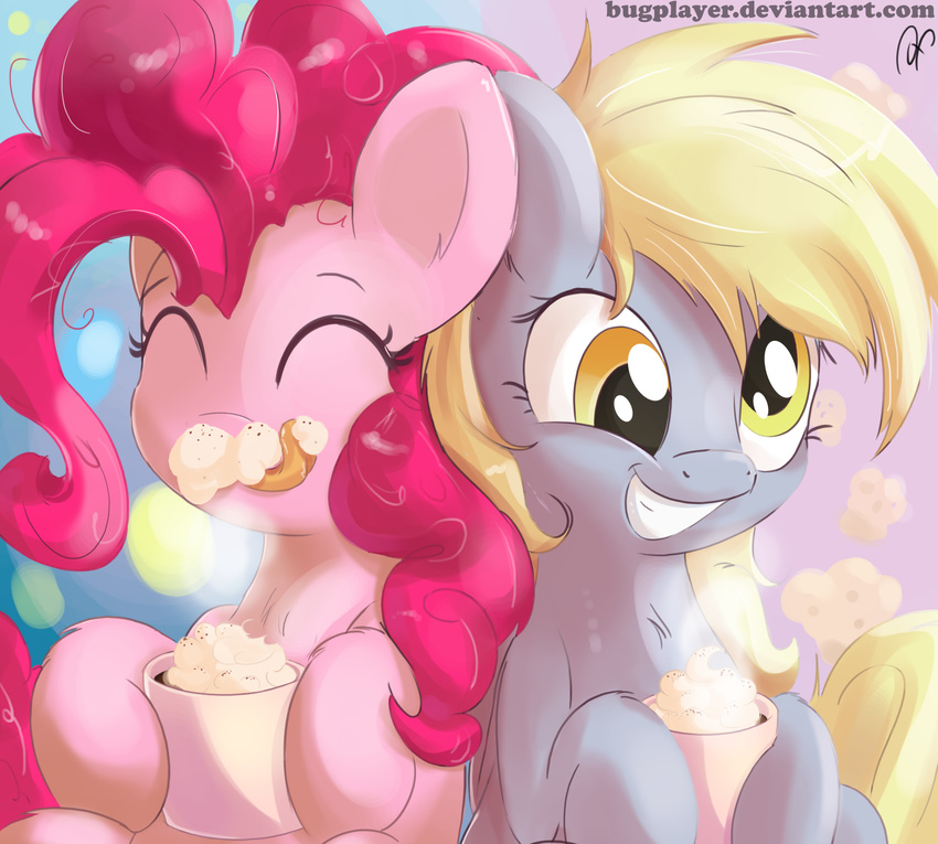 2016 blonde_hair bugplayer cute derpy_hooves_(mlp) duo earth_pony equine eyes_closed female feral friendship_is_magic fur grey_fur grin hair hi_res horse hot_chocolate mammal my_little_pony pink_fur pink_hair pinkie_pie_(mlp) pony steam