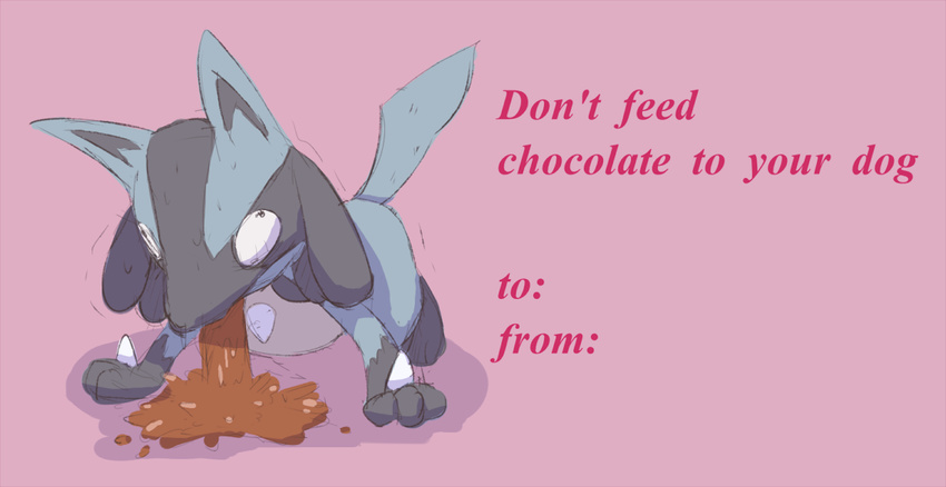 ambiguous_gender black_fur blue_fur boke-0327 boke-chan boke_(artist) candy canine card chocolate demotivational english_text food fur gross holidays lucario mammal nintendo pet pink_background pok&eacute;mon public_service_announcement simple_background solo spikes tan_fur text valentine's_day video_games vomit