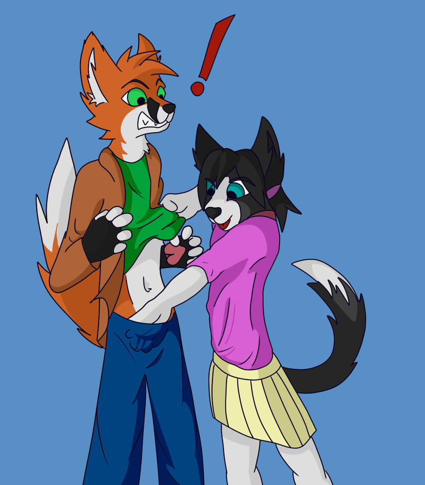 ! &lt;3 age_difference ageplay anthro canine chelsea_chamberlain clothed clothing collar cub digital_media_(artwork) dog duo female fox hi_res karelian_bear larger_male lq-81ibladewolf male mammal martin_ballamore pawpads simple_background size_difference smaller_female teenager tongue young