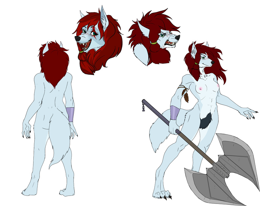 angry axe breasts bush canine female forest freckles hairy handcuffs happy hi_res mammal melee_weapon model_sheet nude pubes rubella_the_worgen shackles smile solo tree video_games warcraft weapon were werewolf worgen