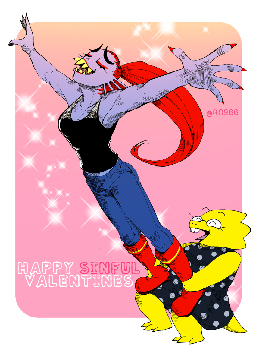 alphys clothing dress duo eyes_closed female female/female fish g0966 hair hi_res holidays lizard marine parody red_hair reptile scalie shirt tank_top undertale undyne valentine's_day video_games yellow_teeth