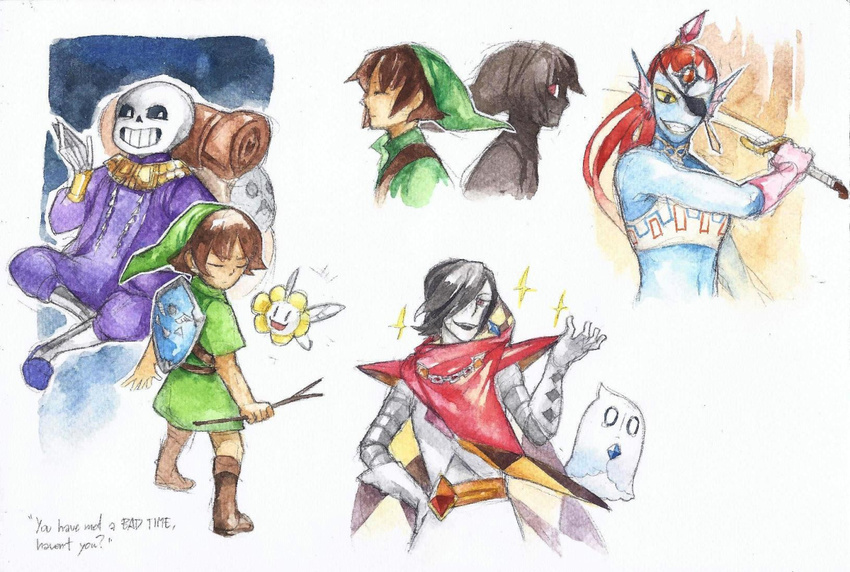 ambiguous_gender backpack bone chara_(undertale) clothing cosplay crossover dark_link eye_patch eyewear fairy female fish flora_fauna flowey_the_flower gem gerudo ghirahim ghost gloves happy_mask_salesman hat human link machine majora's_mask male mammal marine mask melee_weapon mettaton mitsuyuki32 monster nabooru napstablook navi nintendo ocarina_of_time plant protagonist_(undertale) robot shield simple_background skeleton skyward_sword spirit stick sword the_legend_of_zelda undertale undyne video_games weapon white_background yellow_sclera