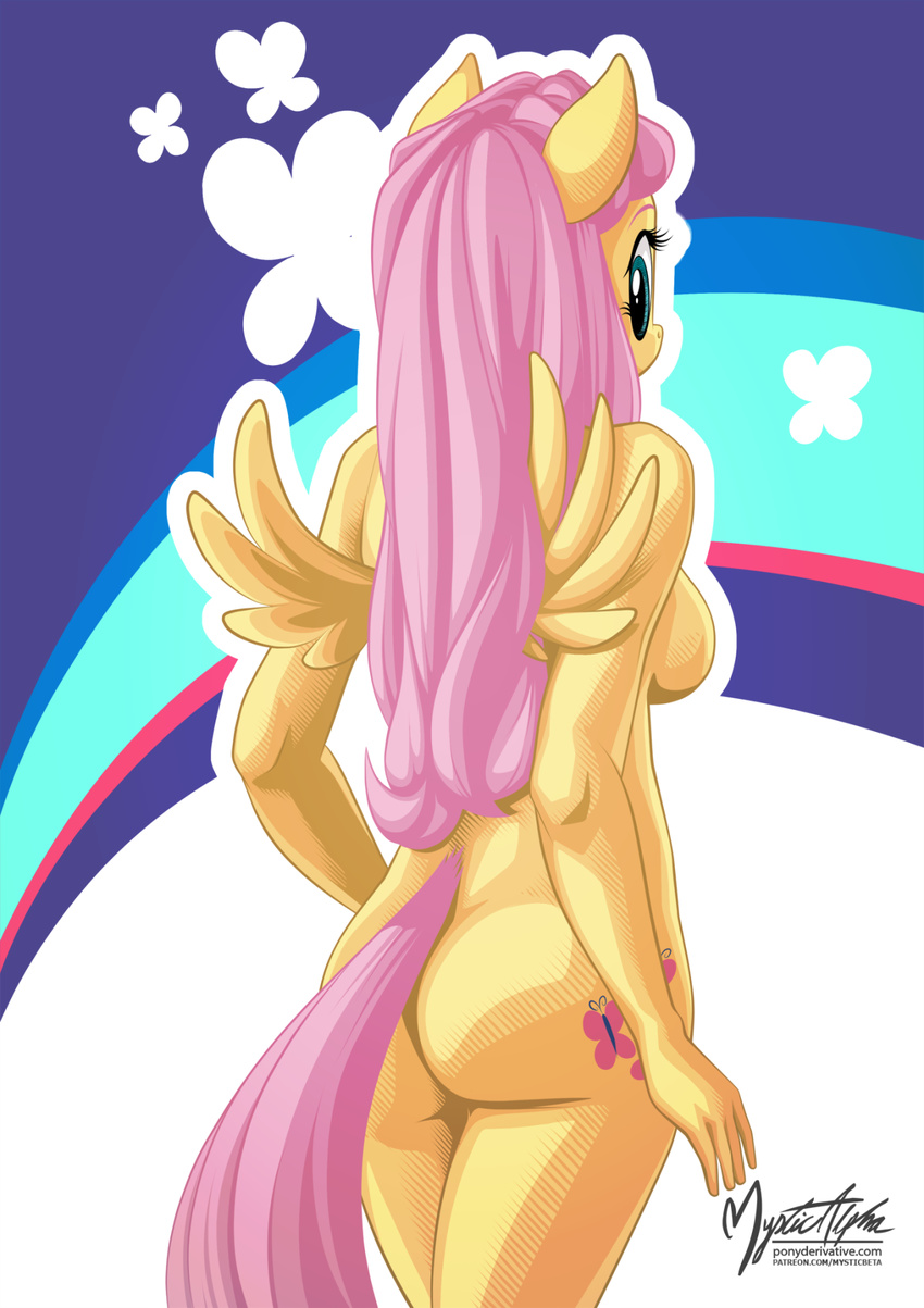 2016 anthro breasts butt cutie_mark equine female fluttershy_(mlp) friendship_is_magic hair hi_res looking_back mammal my_little_pony mysticalpha nude pegasus pink_hair rainbow rear_view side_boob solo wing_boner wings