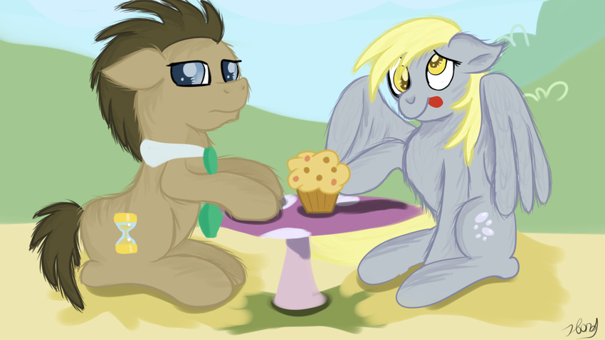 blonde_hair blue_sky bow_tie cutie_mark derpy_hooves_(mlp) doctor_whooves_(mlp) duo earth_pony equine food friendship_is_magic fur grass hair horse hourglass jbond mammal muffin my_little_pony nervous pegasus pony shirt_collar sitting sky table tongue tongue_out walled_eyed wings