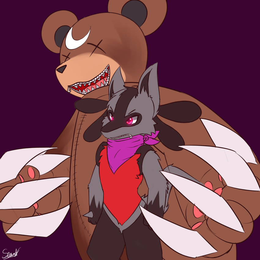 2016 absurd_res bandanna bear black_nose claws duo fak&eacute;mon glowing glowing_eyes hi_res lucario macro mammal nintendo open_mouth pok&eacute;mon purple_background senz sharp_claws sharp_teeth signature simple_background size_difference standing teeth video_games x_eyes zipper