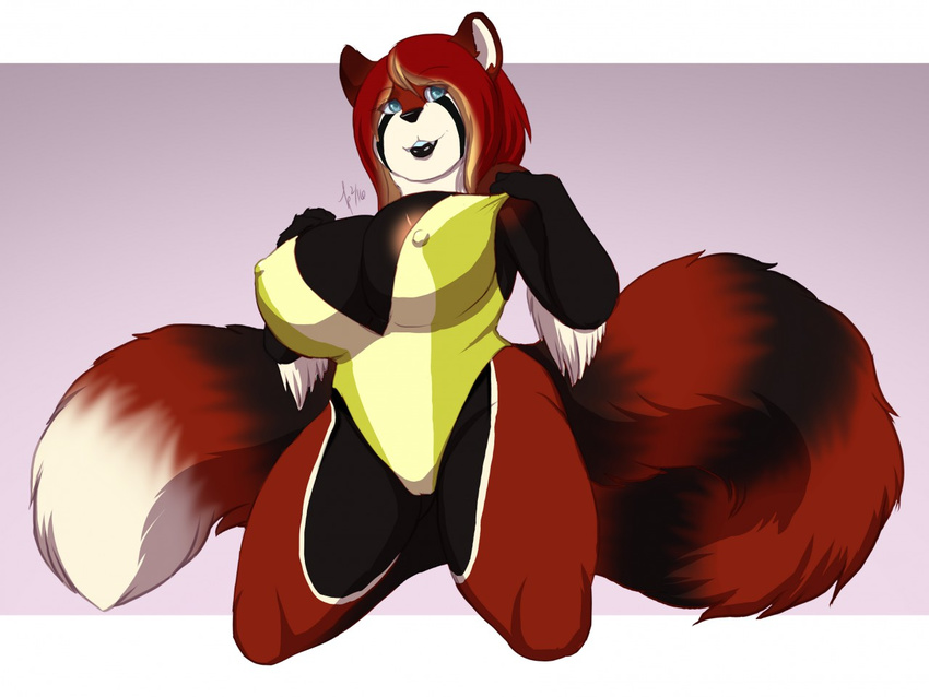 anthro areola big_breasts breasts camel_toe female lavenderpandy mammal nipple_bulge nipples red_panda simple_background smile solo striped_tail teeth thick_thighs