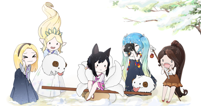 absurd_res ahri animal_humanoid black_hair blonde_hair blue_hair bow breasts brown_hair camera canine clothed clothing digital_media_(artwork) facial_markings female fox fox_humanoid group hair hamze headwear hi_res humanoid janna league_of_legends lux mammal markings multi_tail nidalee outside poro ranged_weapon scarf skirt snow sona tree video_games weapon