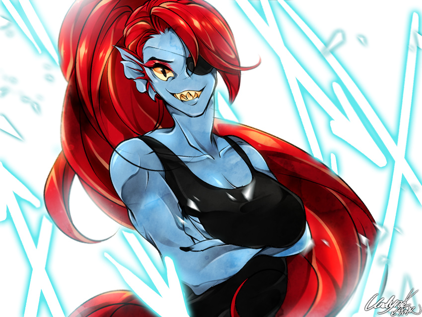 2016 abstract_background blue_skin breasts clothed clothing eye_patch eyewear fangs female fish hair hi_res long_hair marine muscular muscular_female nor red_hair shirt smile solo tank_top undertale undyne video_games yellow_eyes
