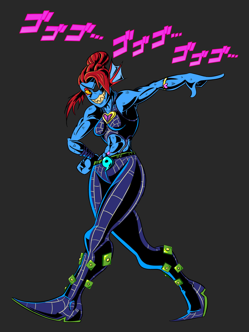 &lt;3 cosplay crossover eye_patch eyewear female fish grey_background hair hi_res japanese_text jojo's_bizarre_adventure jolyne_cujoh marine monster red_hair simple_background solo text undertale undyne unknown_artist video_games yellow_sclera