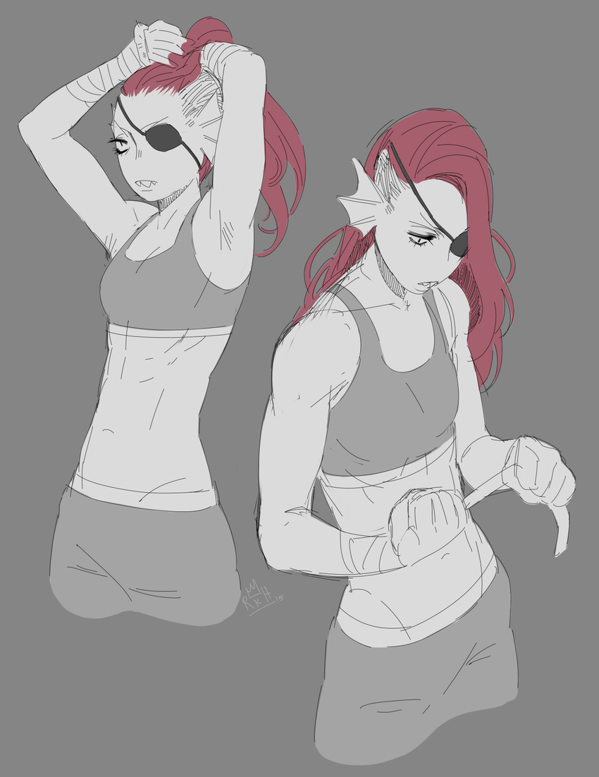 2015 anthro breasts eye_patch eyewear fangs female fish gym_clothes hair hi_res long_hair marine navel red_hair reka sketch small_breasts solo undertale undyne video_games