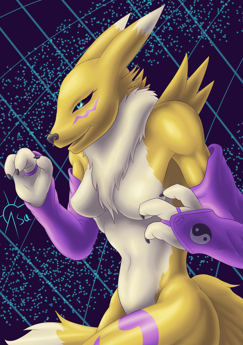 absurd_res breasts canine digimon female fox hi_res mammal markings muscular renamon sacrificabominat sleeves solo tattoo