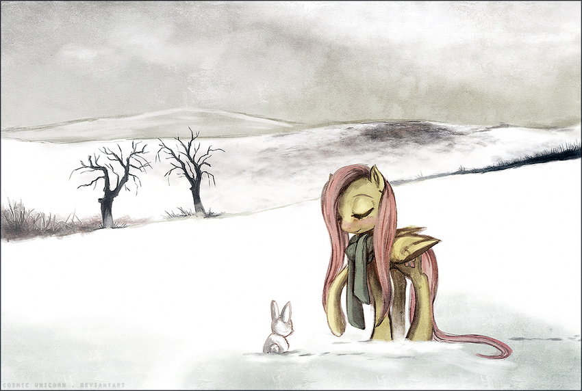 2012 angel_(mlp) cosmicunicorn cutie_mark duo equine eyes_closed feathered_wings feathers female feral fluttershy_(mlp) friendship_is_magic fur grass hair lagomorph landscape mammal my_little_pony nature outside pegasus pink_hair rabbit scarf sky snow tree white_fur wings winter yellow_feathers yellow_fur