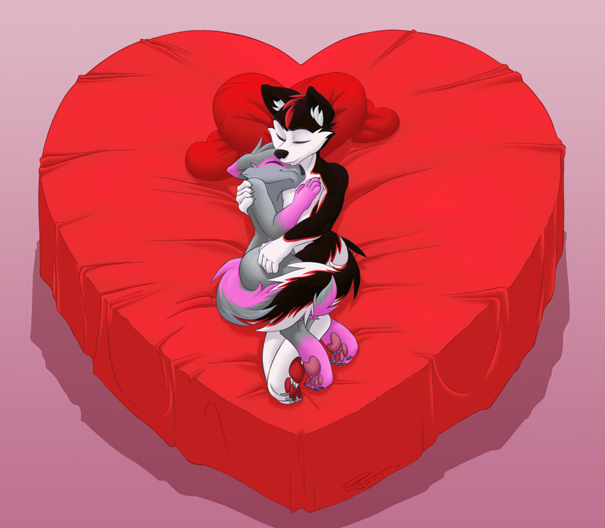 &lt;3 anthro bed canine cuddling cute digital_media_(artwork) dog duo embrace girly green_eyes heart_shaped_bed hi_res holding_(disambiguation) husky husky_inu jarvofgalen love lying male male/male mammal note nude on_bed pillow quill_quote relationship romantic shiba_inu wide_hips