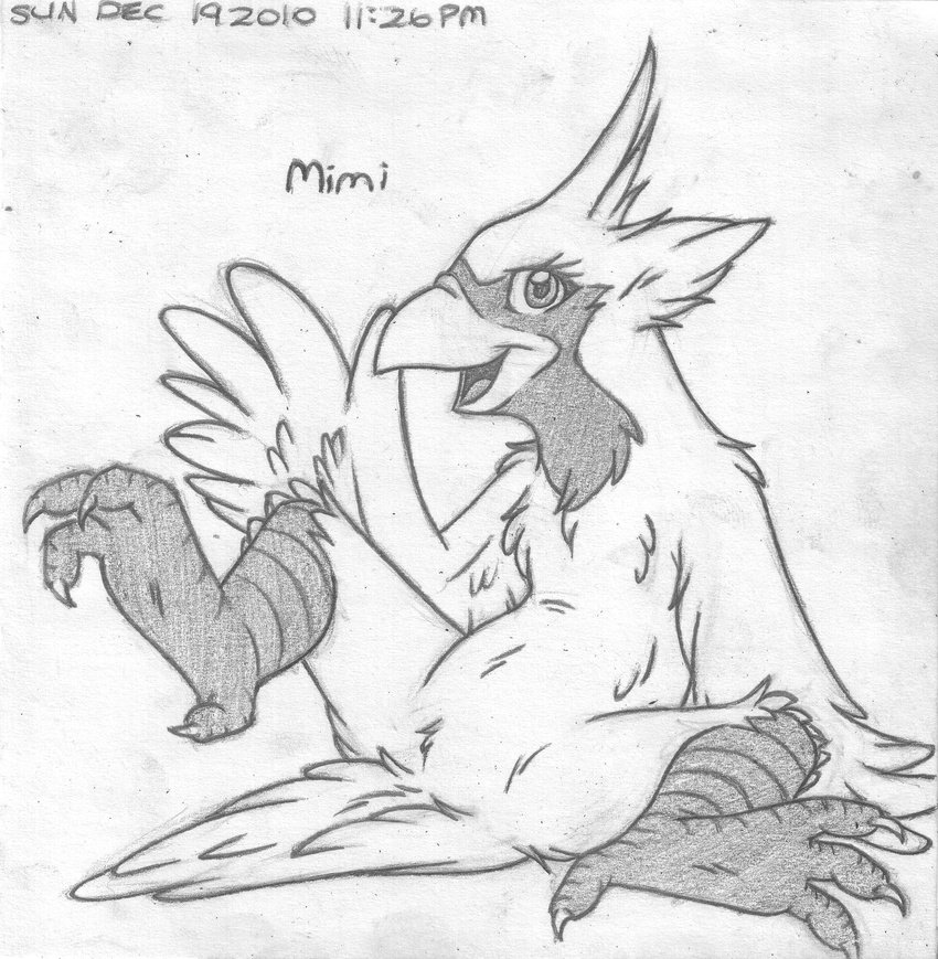 absurd_res anthro avian barefoot beak cardinal cub digitigrade english_text feathered_wings feathers featureless_crotch front_view greyscale hi_res looking_at_viewer male mimi_mackenzy mizzyam monochrome nude one_leg_up pencil_(artwork) signature sitting smile solo spread_legs spreading text traditional_media_(artwork) waving winged_arms wings young