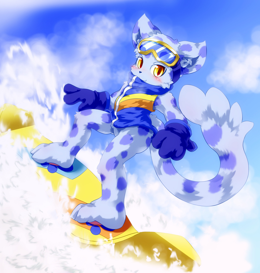 anthro black_nose blue_fur blush bottomless clothed clothing cloud coat day eyewear feline fur goggles gradient_eyes hi_res inner_ear_fluff kemono leopard looking_at_viewer male mammal ollie outside pawpads pop'n_music sky snow snow_leopard snowboard snowboarding solo 悠久屋こてつ