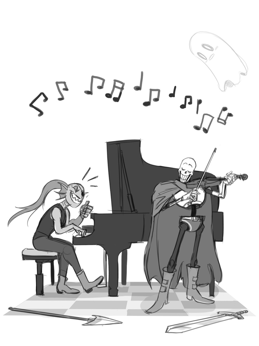 bone duo female fish ghost hi_res male marine melee_weapon monochrome musical_instrument musical_note napstablook papyrus_(undertale) piano polearm simple_background skeleton spear spirit sword undertale undyne unknown_artist video_games violin weapon white_background