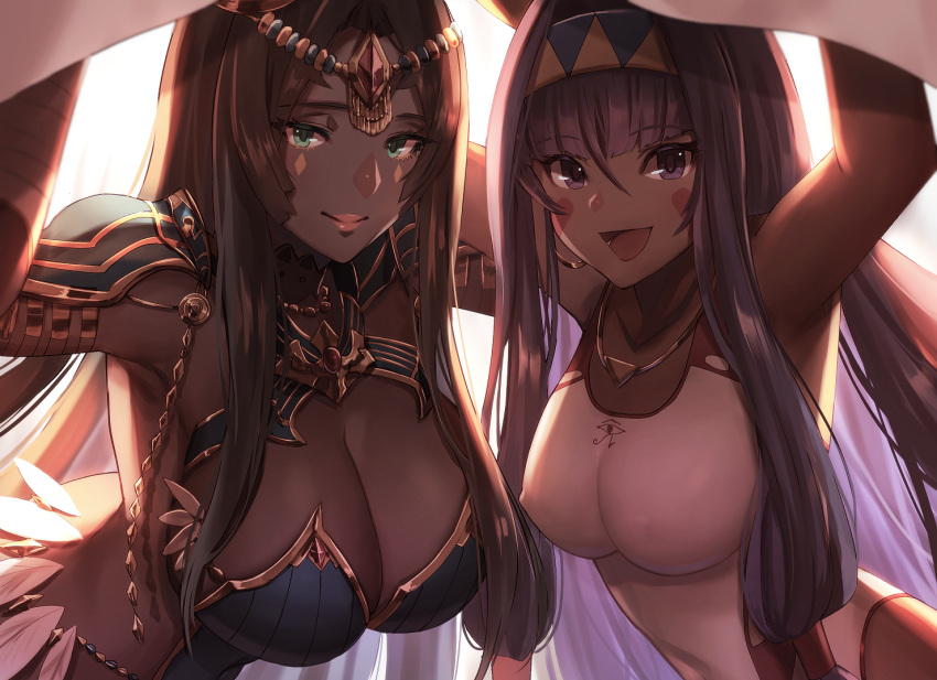 animal_ears arm_up arm_wrap armlet armpits bandage bandaged_arm bandages bangs bare_shoulders black_hair blanket blue_armor blush breastplate breasts chains circlet closed_mouth collarbone dark_skin dolce_(dolsuke) earrings facepaint facial_mark fate/grand_order fate_(series) feathers forehead_jewel green_eyes hair_between_eyes hair_tubes hairband hoop_earrings jackal_ears jewelry large_breasts long_hair looking_at_viewer low-tied_long_hair necklace nitocris_(fate/grand_order) nitocris_(swimsuit_assassin)_(fate) one-piece_swimsuit open_mouth parted_bangs pauldrons purple_eyes purple_hair scheherazade_(fate/grand_order) sidelocks smile swimsuit very_long_hair white_swimsuit