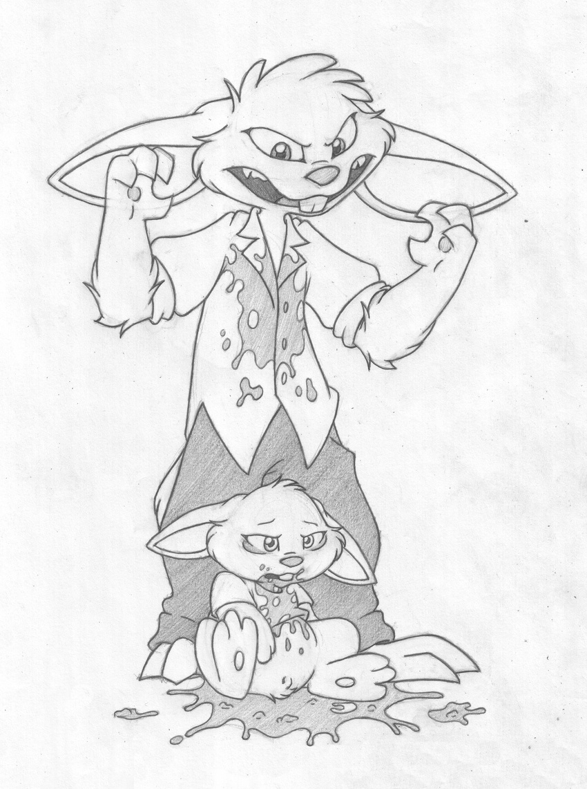 absurd_res age_difference angry animal_genitalia animal_penis anthro barefoot buckteeth clothing cub duo forced front_view greyscale hi_res lagomorph lagomorph_penis lifted looking_down male mammal maxy messy mizzyam monochrome nauseous pants pencil_(artwork) penis rabbit raised_arm sheath shirt simple_background size_difference standing teeth traditional_media_(artwork) vomit white_background young