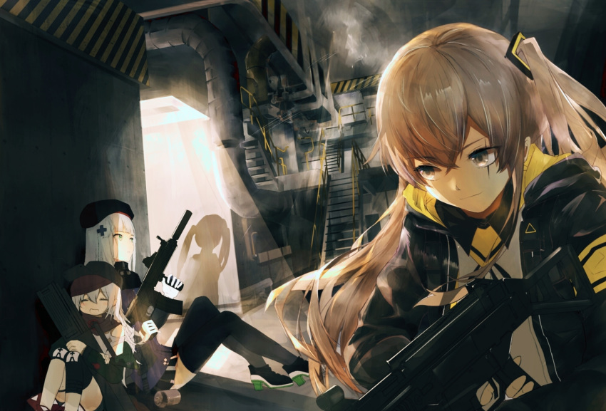 404_(girls_frontline) 4girls armband assault_rifle bangs beret black_hat black_jacket black_legwear black_ribbon black_shorts black_skirt brown_eyes brown_hair closed_mouth coat crossed_bangs eyebrows_visible_through_hair g11 g11_(girls_frontline) girls_frontline gloves green_eyes green_hat green_jacket grey_hair gun h&amp;k_ump h&amp;k_ump45 hair_between_eyes hair_ornament hairclip hat heckler_&amp;_koch highres hk416 hk416_(girls_frontline) holding holding_gun holding_weapon hood hood_down hooded_jacket jacket knee_pads leaning_on_person lizi-shi long_hair looking_at_another looking_at_viewer magazine_(weapon) messy_hair multiple_girls one_side_up open_clothes open_coat open_jacket pantyhose plaid plaid_skirt ribbon rifle scar scar_across_eye scarf_on_head shirt shorts shoulder_cutout silver_hair sitting skirt smile submachine_gun thighhighs ump45_(girls_frontline) ump9_(girls_frontline) weapon white_shirt zettai_ryouiki