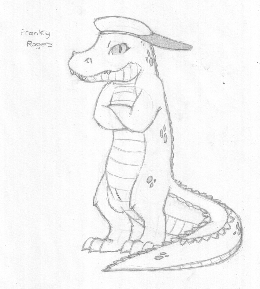 absurd_res animal_genitalia crocodile crossed_arms english_text franky_rogers genital_slit greyscale headgear hi_res long_tail looking_at_viewer male mizzyam monochrome mostly_nude pencil_(artwork) reptile scalie simple_background sketch slit solo standing text traditional_media_(artwork) white_background young