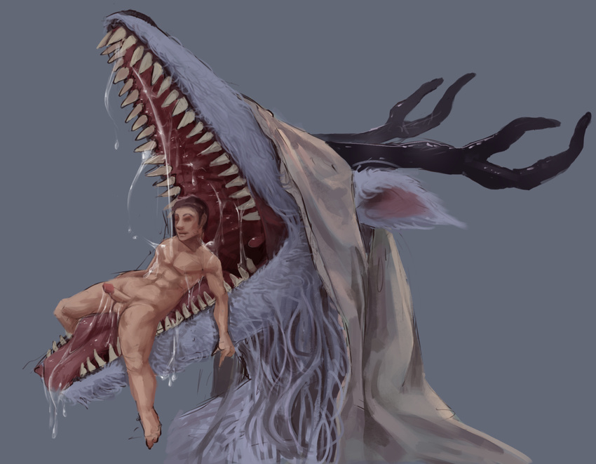 antlers bloodborne canine claws detailed duo erection female fur horn human larger_female male male/female mammal monster nude open_mouth penis saliva size_difference smaller_male teeth tinyfaceart tongue vicar_amelia video_games vore wendigo white_fur