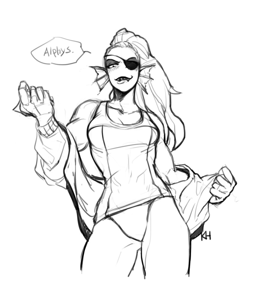 2015 anthro black_and_white clothed clothing english_text eye_patch eyewear fangs female fish hair hi_res kkhoppang long_hair looking_at_viewer marine monochrome one-piece_swimsuit sketch solo standing swimsuit text undertale undressing undyne video_games