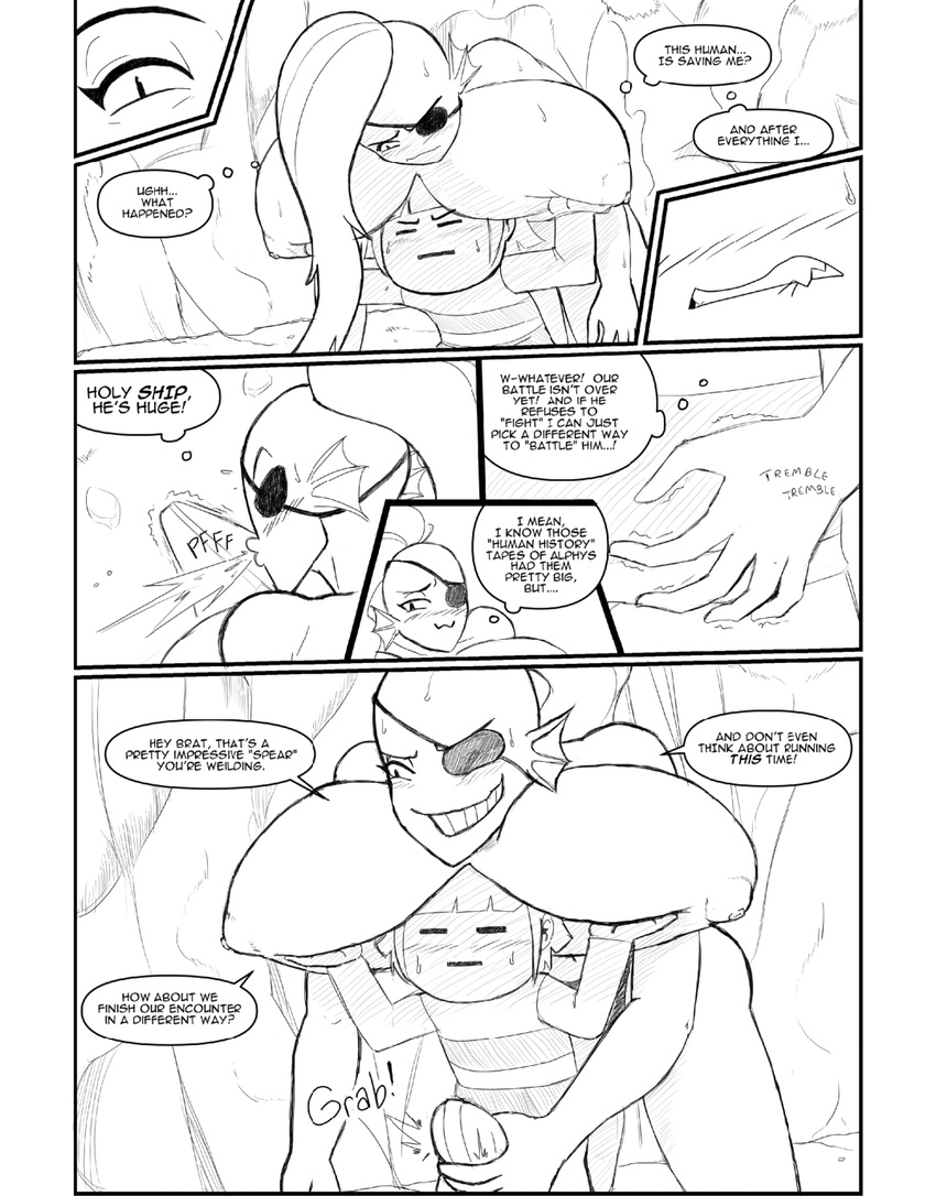 blush breasts bulge comic duo erection fish grope hi_res human mammal marine mindwipe protagonist_(undertale) text undertale undyne video_games