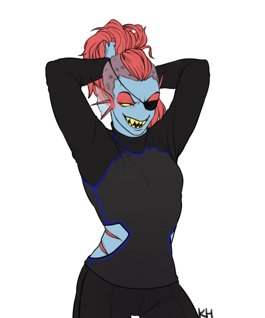 2016 anthro blue_skin clothed clothing fangs female fish gills grin hair hand_behind_head hi_res kkhoppang long_hair marine open_mouth red_hair simple_background solo standing undertale undyne video_games white_background