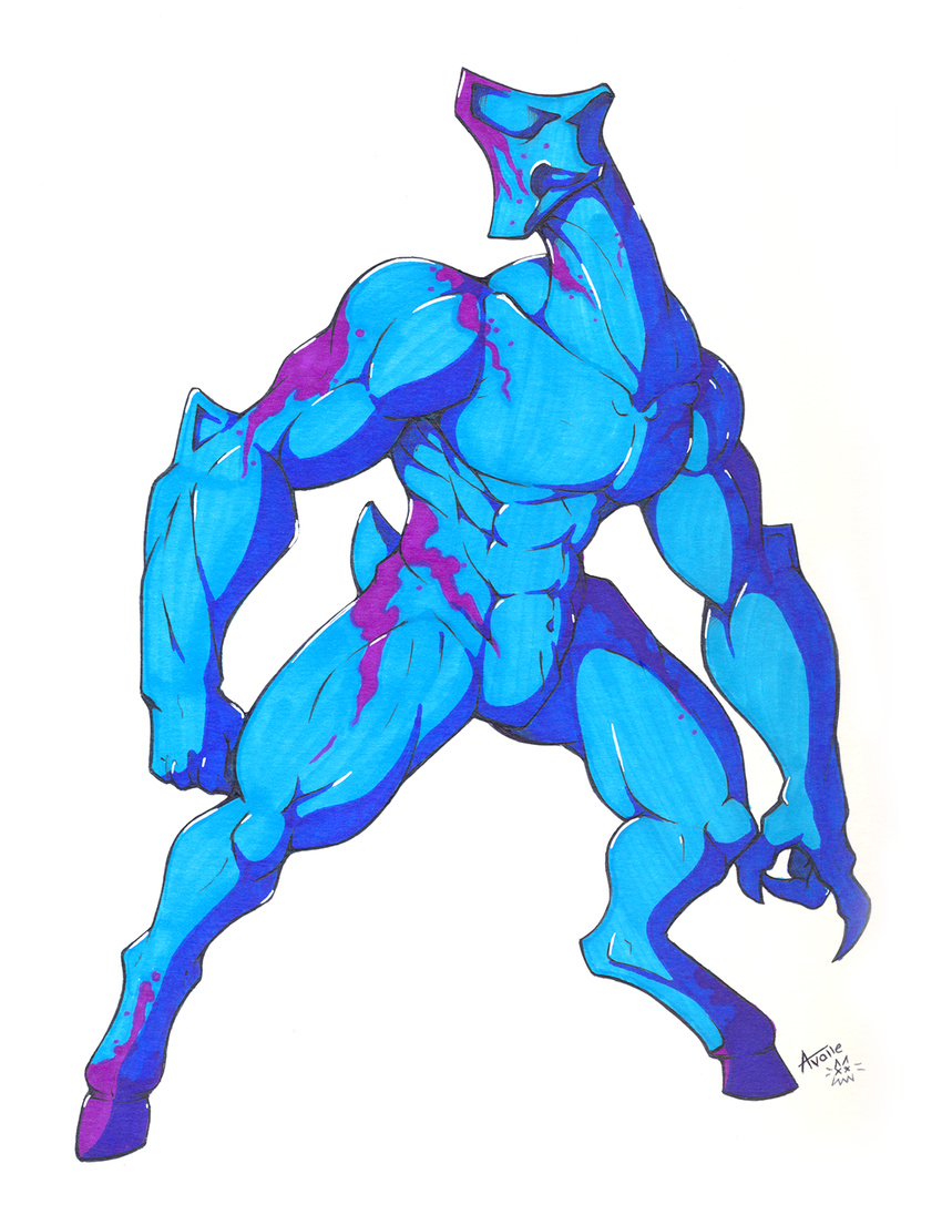 alien barazoku bastet blue_skin hi_res male muscular nude signature simple_background solo standing white_background